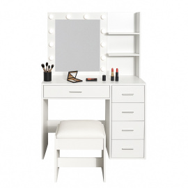 Aga Toaletní stolek se zrcadlem a osvětlením + taburet Bílý