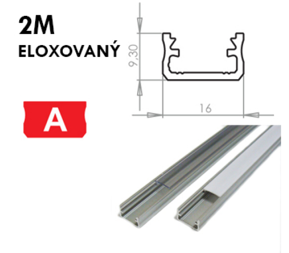 Hliníkový profil pro LED pásky A Povrchový 2m ELOXOVANÝ