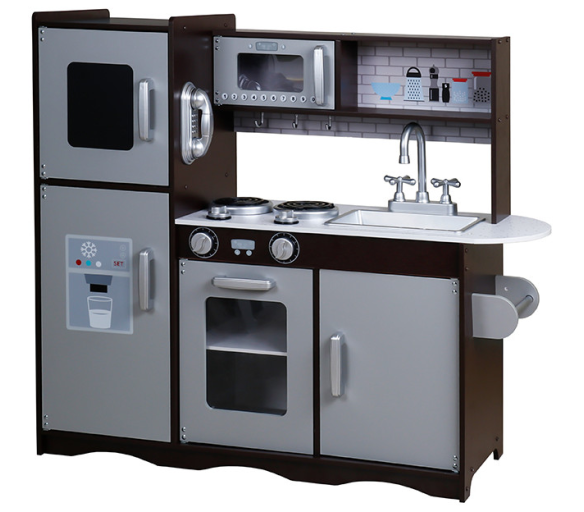 Aga4Kids Dětská dřevěná kuchyňka Masterchef  XXL s telefonem a vybavením pro kreativní vaření Hnědostříbrná