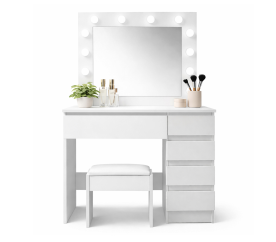Aga Toaletní stolek se zrcadlem a osvětlením + taburet Matný bílý