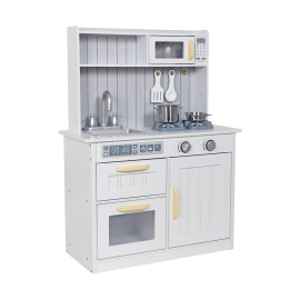 Aga4Kids Dětská dřevěná kuchyňka Grannie s mikrovlnou troubou, dřezem a spíží Bílošedá