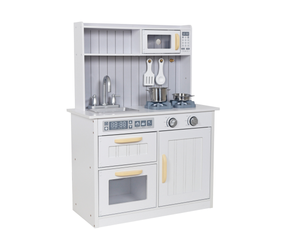 Aga4Kids Dětská dřevěná kuchyňka Grannie s mikrovlnou troubou, dřezem a spíží Bílošedá