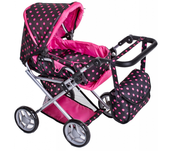 Doris Kočárek pro panenky 9346 Černý s růžovými puntíky