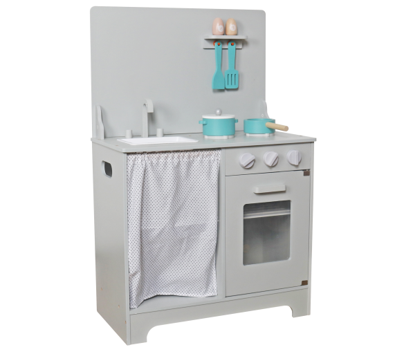 Aga4Kids Dřevěná kuchyňka Mini Chef  s troubou na pečení tyrkysovým nádobím Šedá