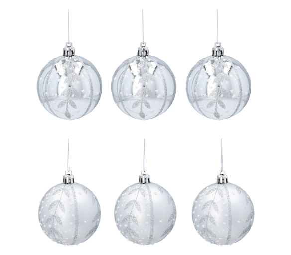Aga Vánoční baňky 7cm 6ks Stříbrné - Lístečky