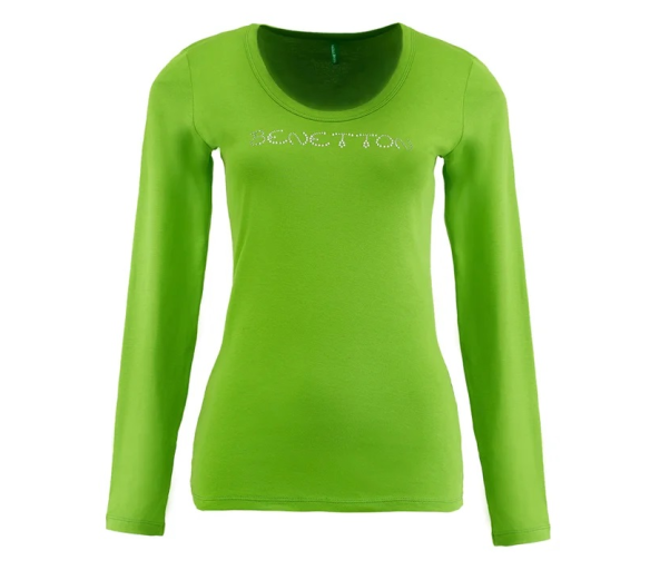 Benetton Dámské tričko s dlouhým rukávem s nápisem z velkých kamínků Světle zelená