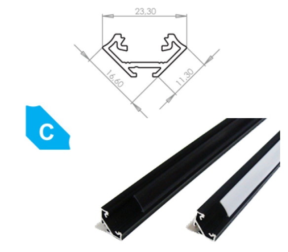 Hliníkový Profil pro LED pásky C Rohový Eloxovaný černý 2m