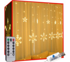 Světelný závěs vločky, hvězdy 138 LED, USB, dálkové ovládání, teplá bílá ISO 19746