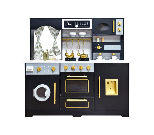 Aga4Kids Dětská dřevěná kuchyňka Goldie Deluxe XXL s kávovarem, hodinami a zvukovými efekty Hnědozlatá