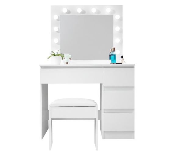 Aga Toaletní stolek se zrcadlem a osvětlením + taburet Matný bílý 2DAZ637 - II. JAKOST