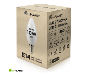 LED žárovka - ecoPLANET - E14 - 10W - svíčka - 880Lm - teplá bílá