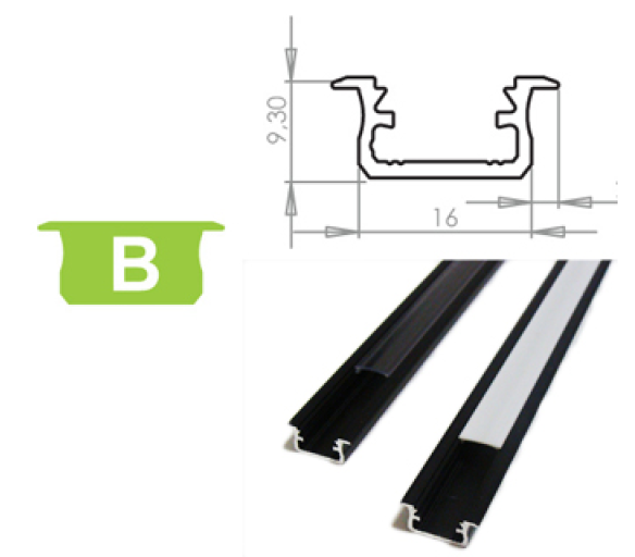 Hliníkový Profil pro LED pásky B zapuštěný Eloxovaný černý 1m