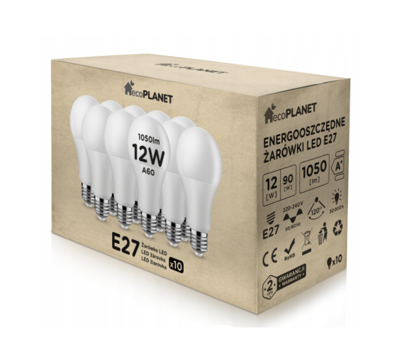 6x LED žárovka - ecoPLANET - E27 - 12W - 1050Lm - studená bílá