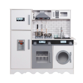 Aga4Kids Dětská dřevěná kuchyňka Hedwig XXL s digestoří pračkou a realistickými efekty Bílošedá