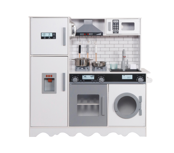 Aga4Kids Dětská dřevěná kuchyňka Hedwig XXL s digestoří pračkou a realistickými efekty Bílošedá