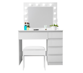 Aga Toaletní stolek se zrcadlem, osvětlením a el.zásuvkou + taburet Lesklý bílý