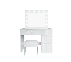 Aga Toaletní stolek se zrcadlem a osvětlením + taburet Lesklý bílý