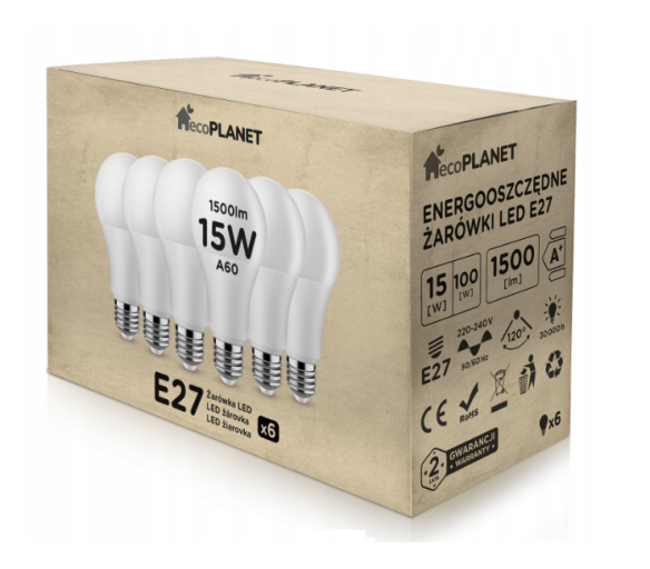 6x LED žárovka ecoPLANET - E27 - A60 - 15W - 1500Lm - studená bílá