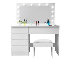 Aga Toaletní stolek se zrcadlem a osvětlením + taburet Lesklý bílý