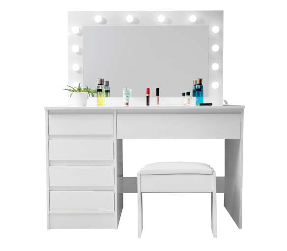 Aga Toaletní stolek se zrcadlem a osvětlením + taburet Lesklý bílý