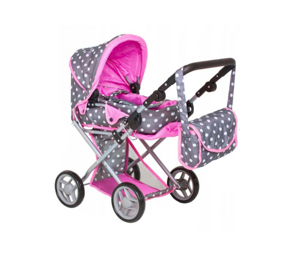 Doris Kočárek pro panenky 9346 Šedo - Růžový s puntíky